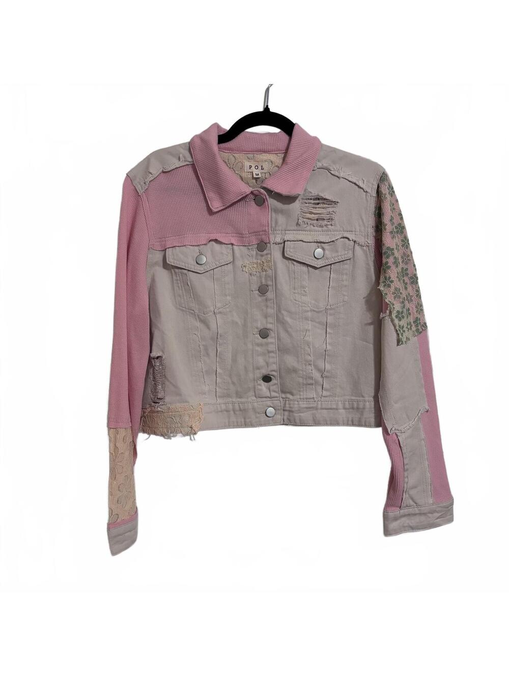 POL Clothing Gina Patchwork Denim Jacket M Pink Boho Distressed Shacket Lace